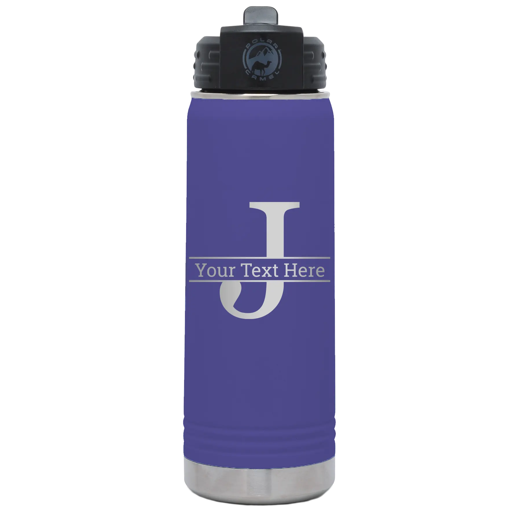 Personalized purple 20 oz vacuum insulated water bottle with 'Monogram letter J' design