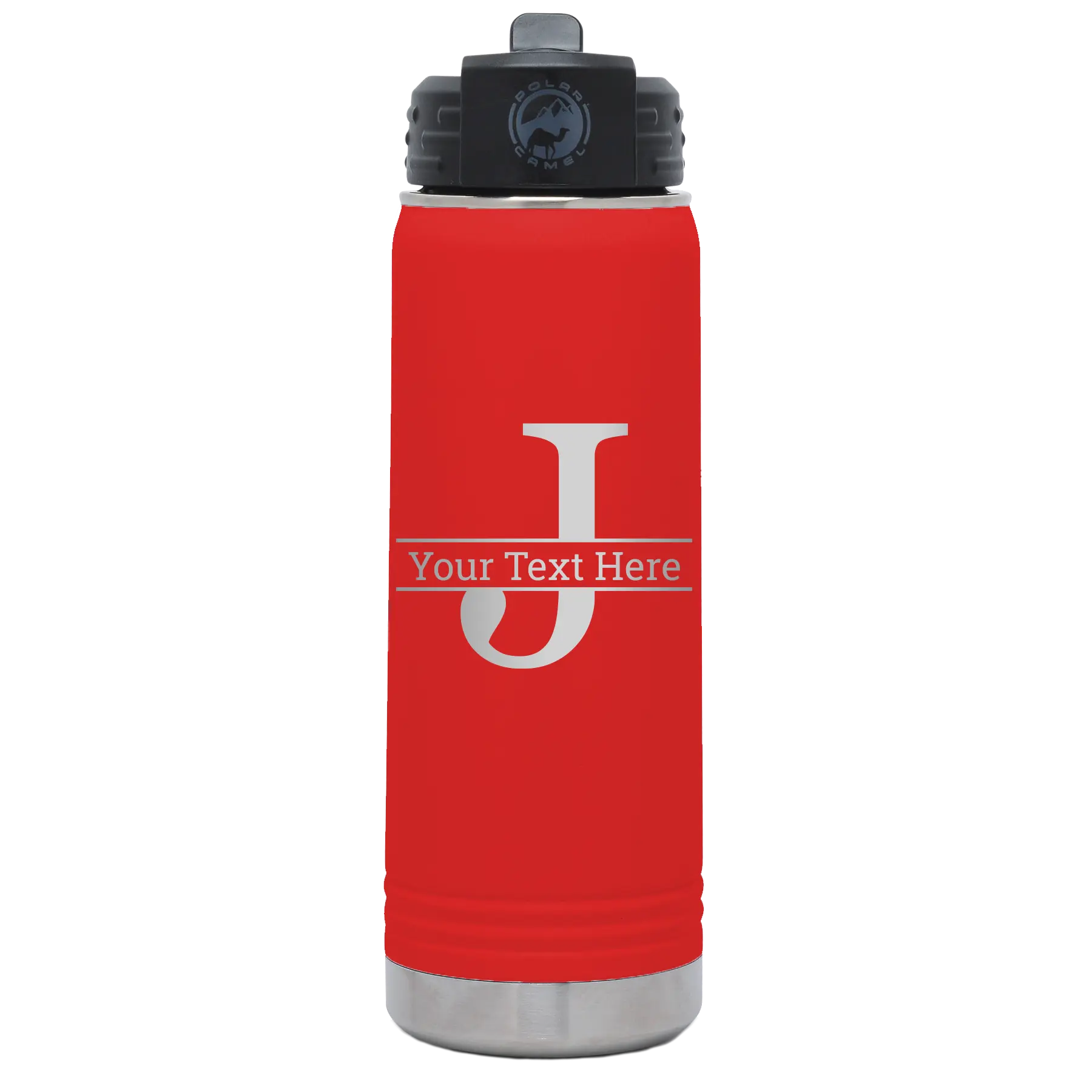 Personalized red 20 oz vacuum insulated water bottle with 'Monogram letter J' design