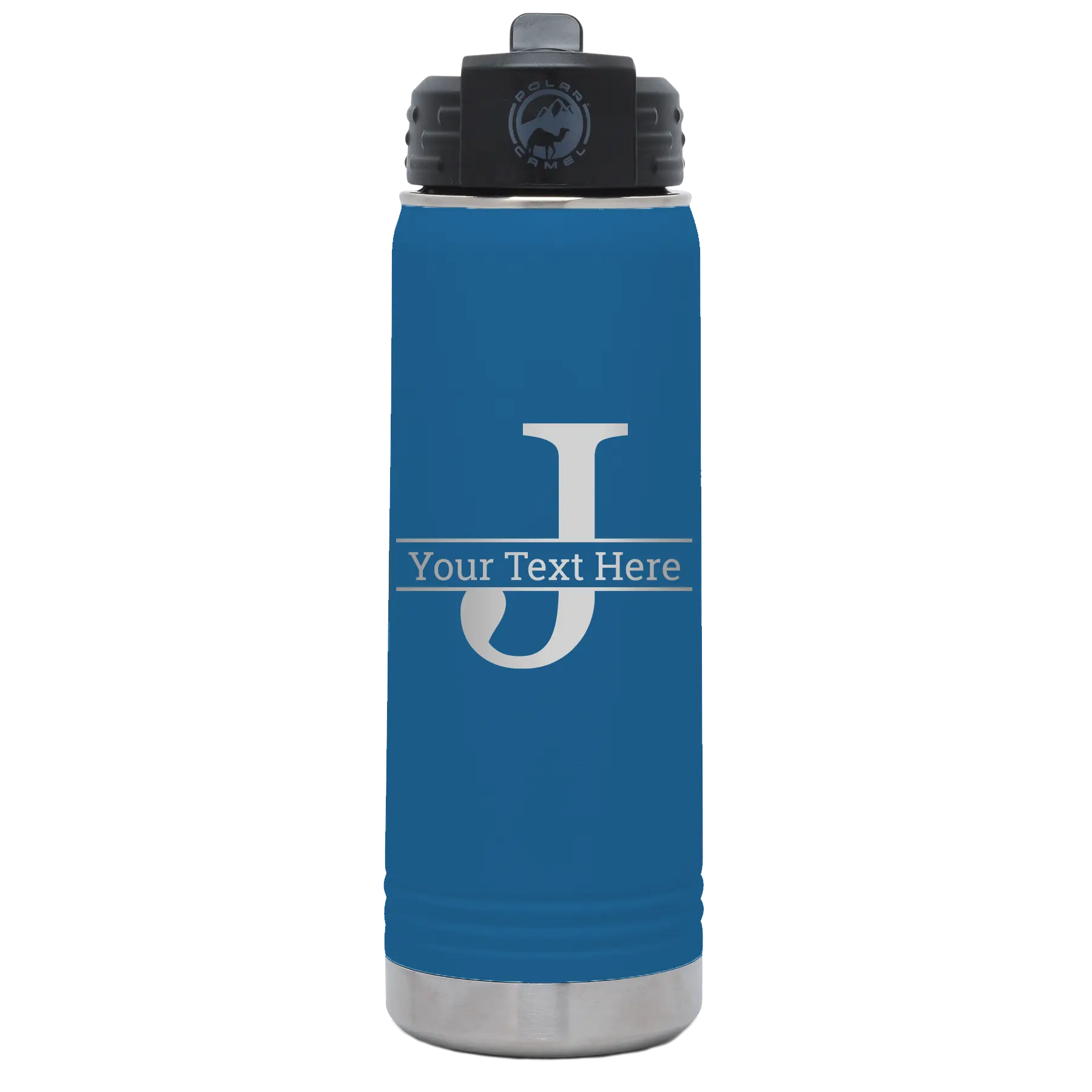 Personalized royal blue 20 oz vacuum insulated water bottle with 'Monogram letter J' design