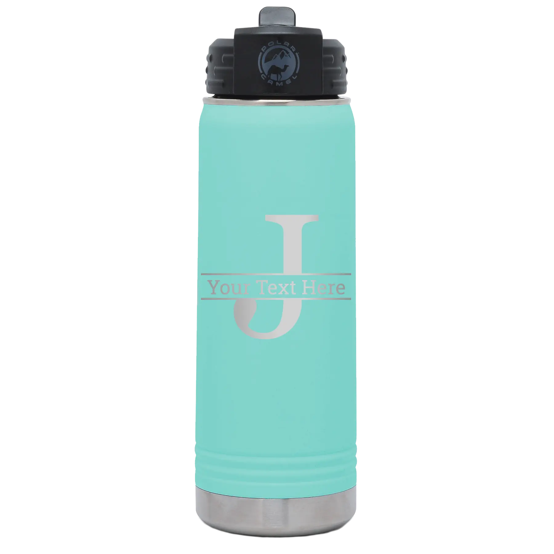 Personalized teal 20 oz vacuum insulated water bottle with 'Monogram letter J' design