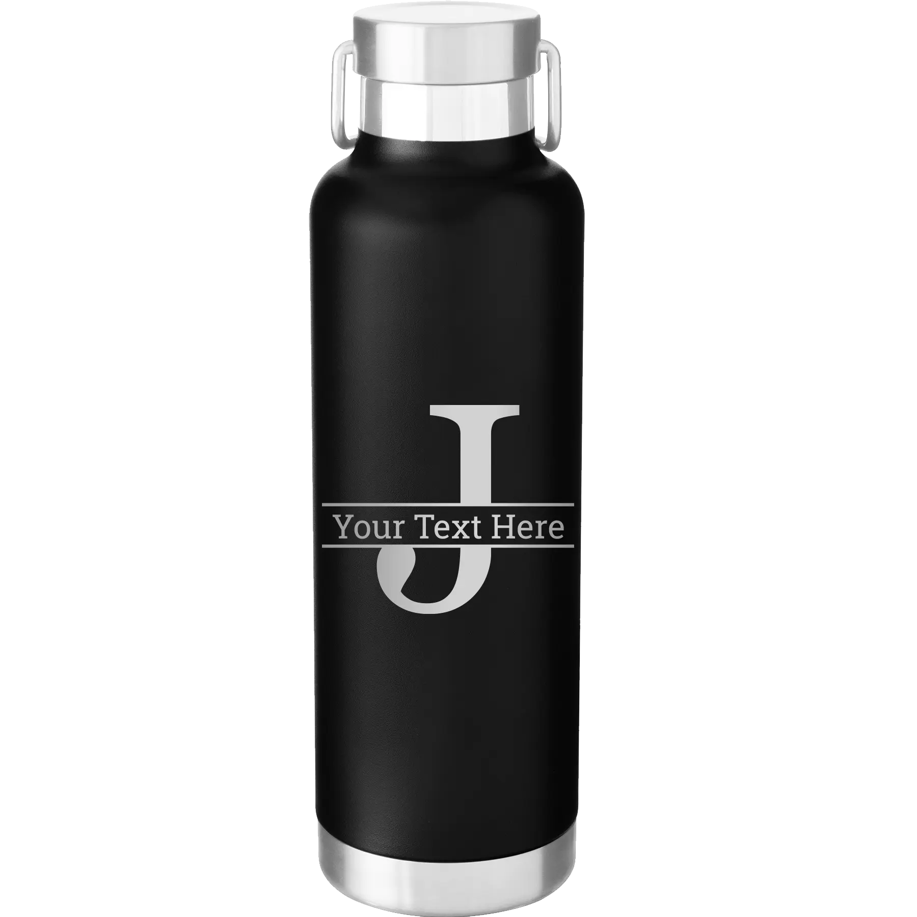 Personalized black 24 oz vacuum insulated water bottle with 'Monogram letter J' design