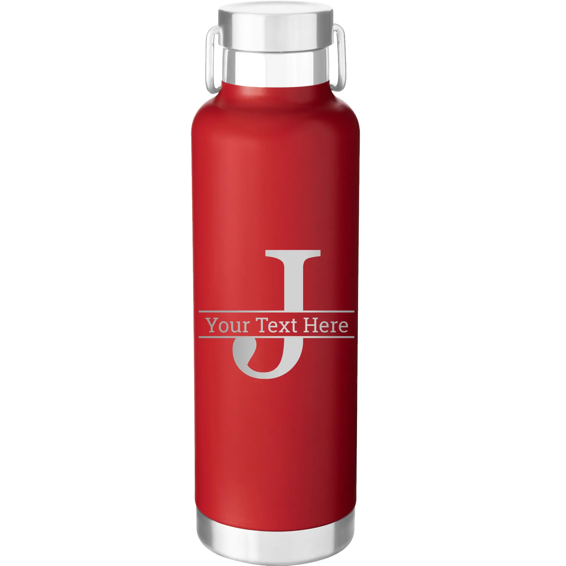 Personalized red 24 oz vacuum insulated water bottle with 'Monogram letter J' design