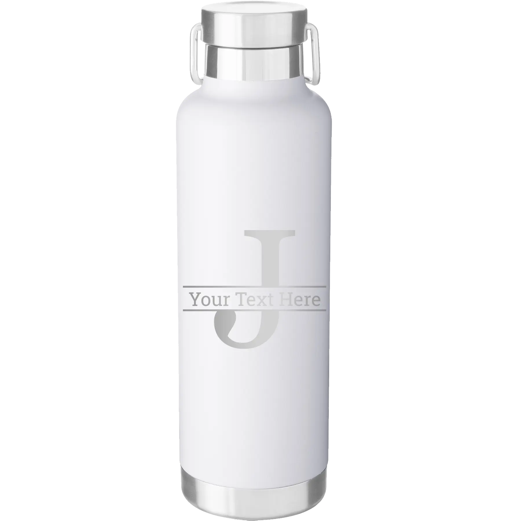 Personalized white 24 oz vacuum insulated water bottle with 'Monogram letter J' design