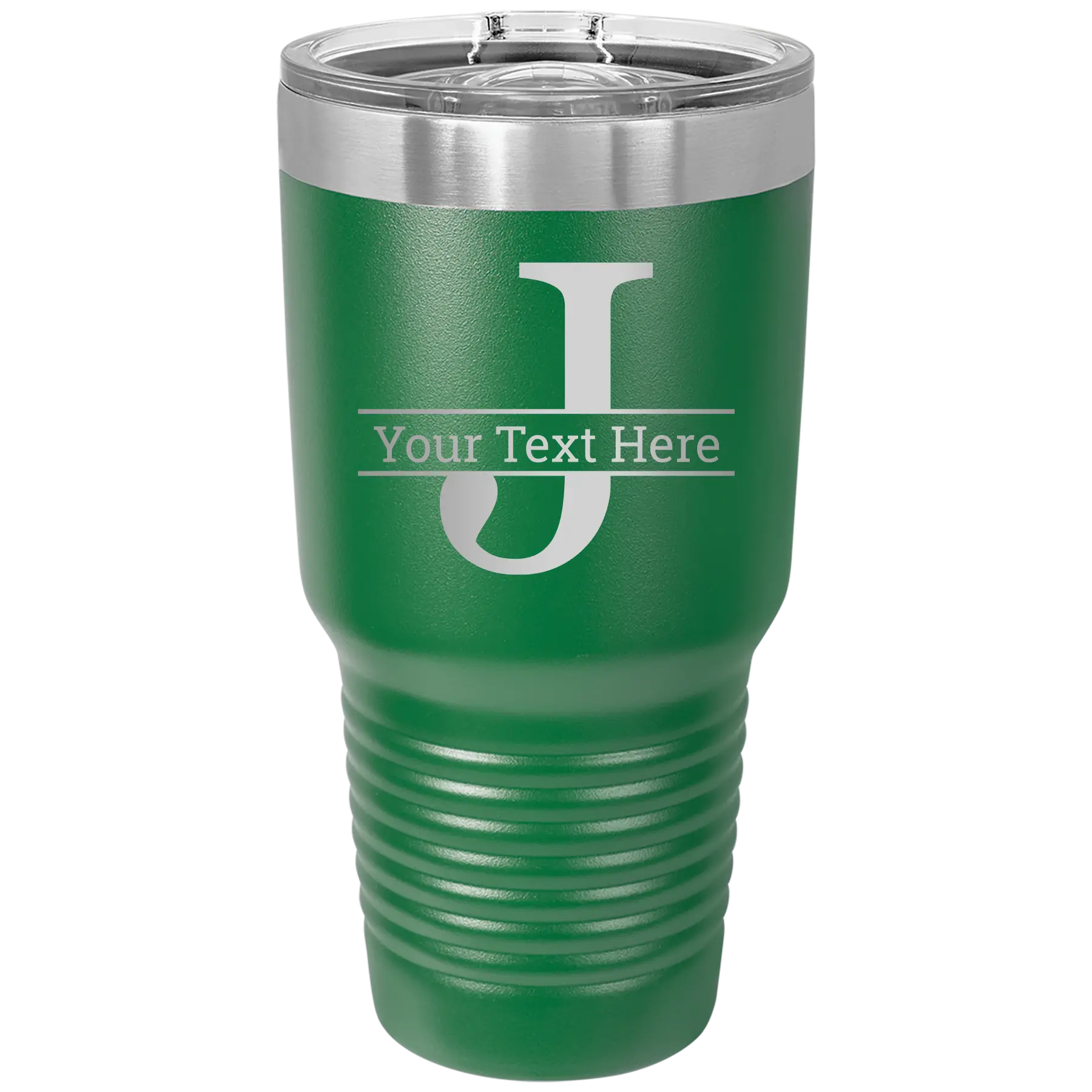 Personalized green 30 oz vacuum insulated tumbler with 'Monogram letter J' design