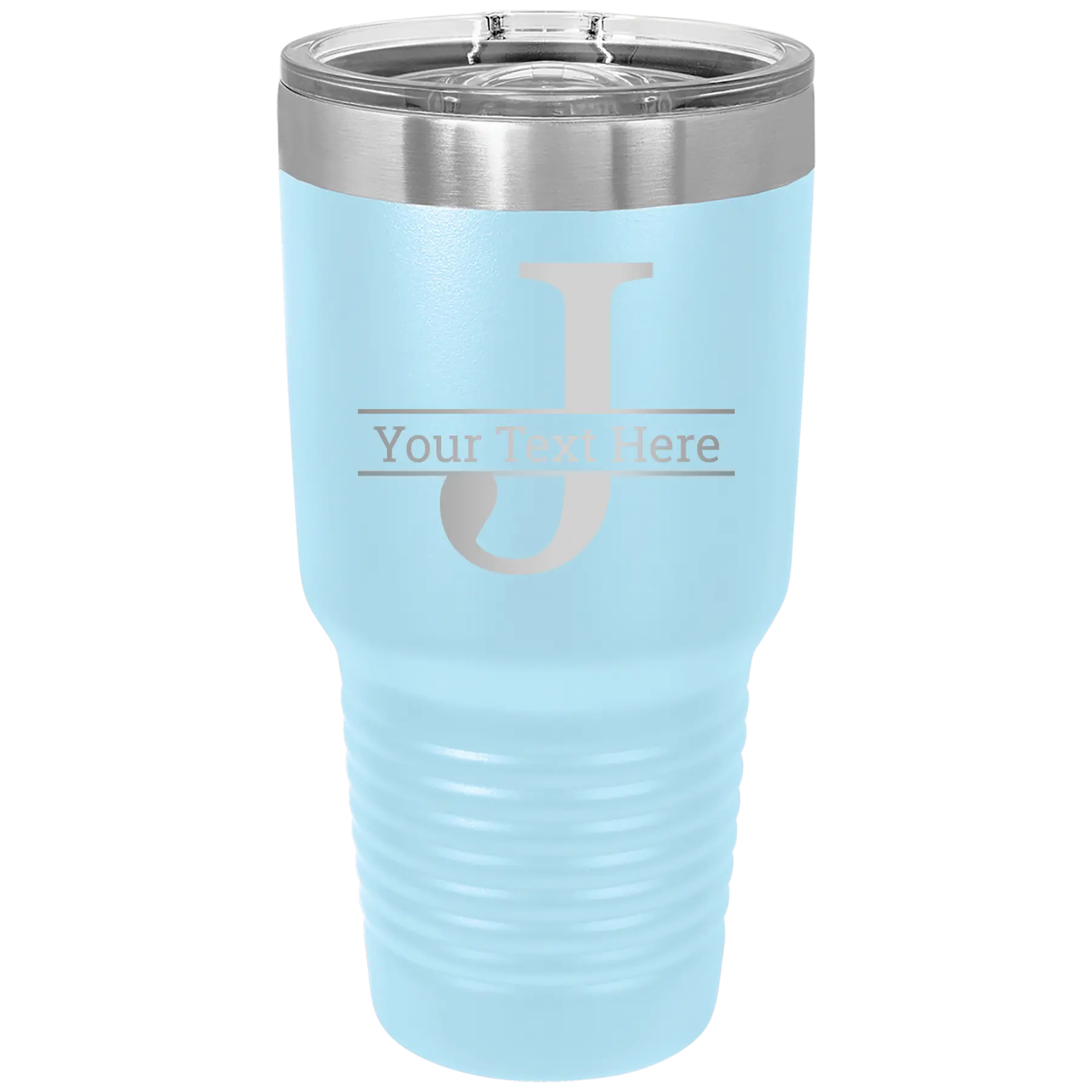 Personalized light blue 30 oz vacuum insulated tumbler with 'Monogram letter J' design