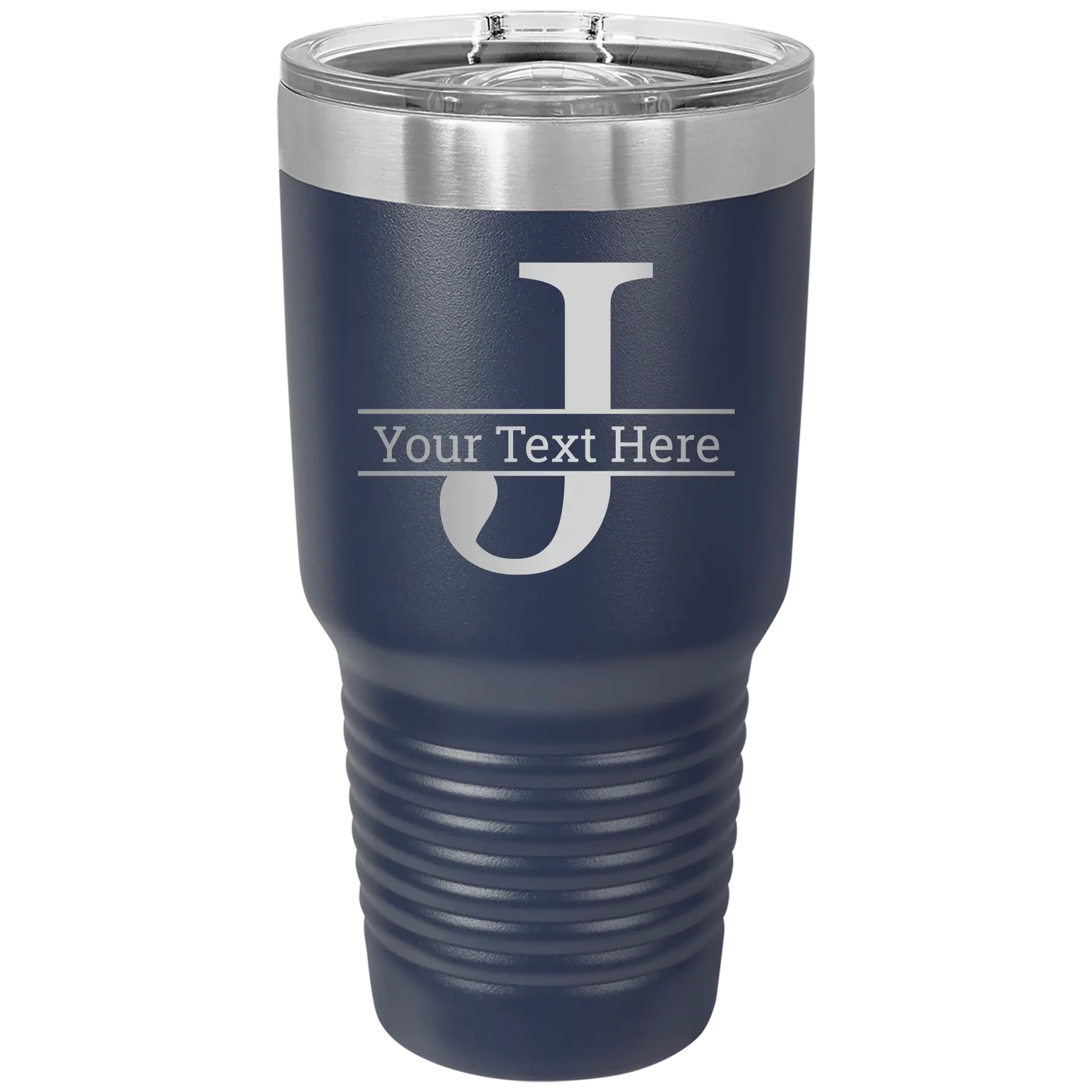 Personalized navy 30 oz vacuum insulated tumbler with 'Monogram letter J' design