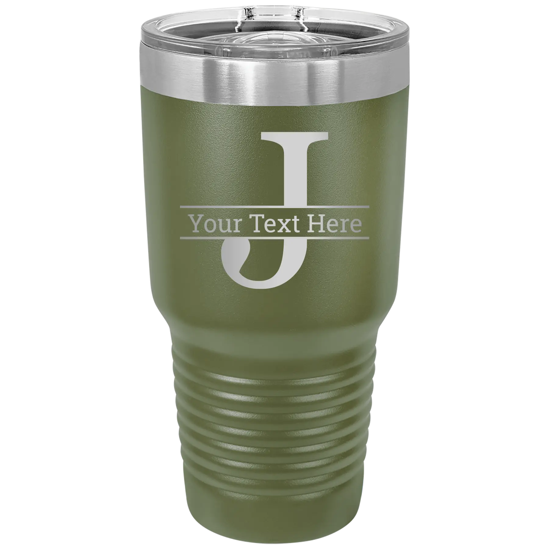 Personalized olive green 30 oz vacuum insulated tumbler with 'Monogram letter J' design