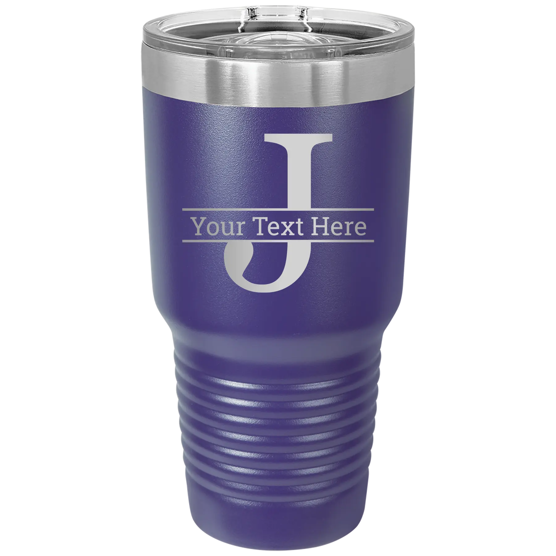 Personalized purple 30 oz vacuum insulated tumbler with 'Monogram letter J' design