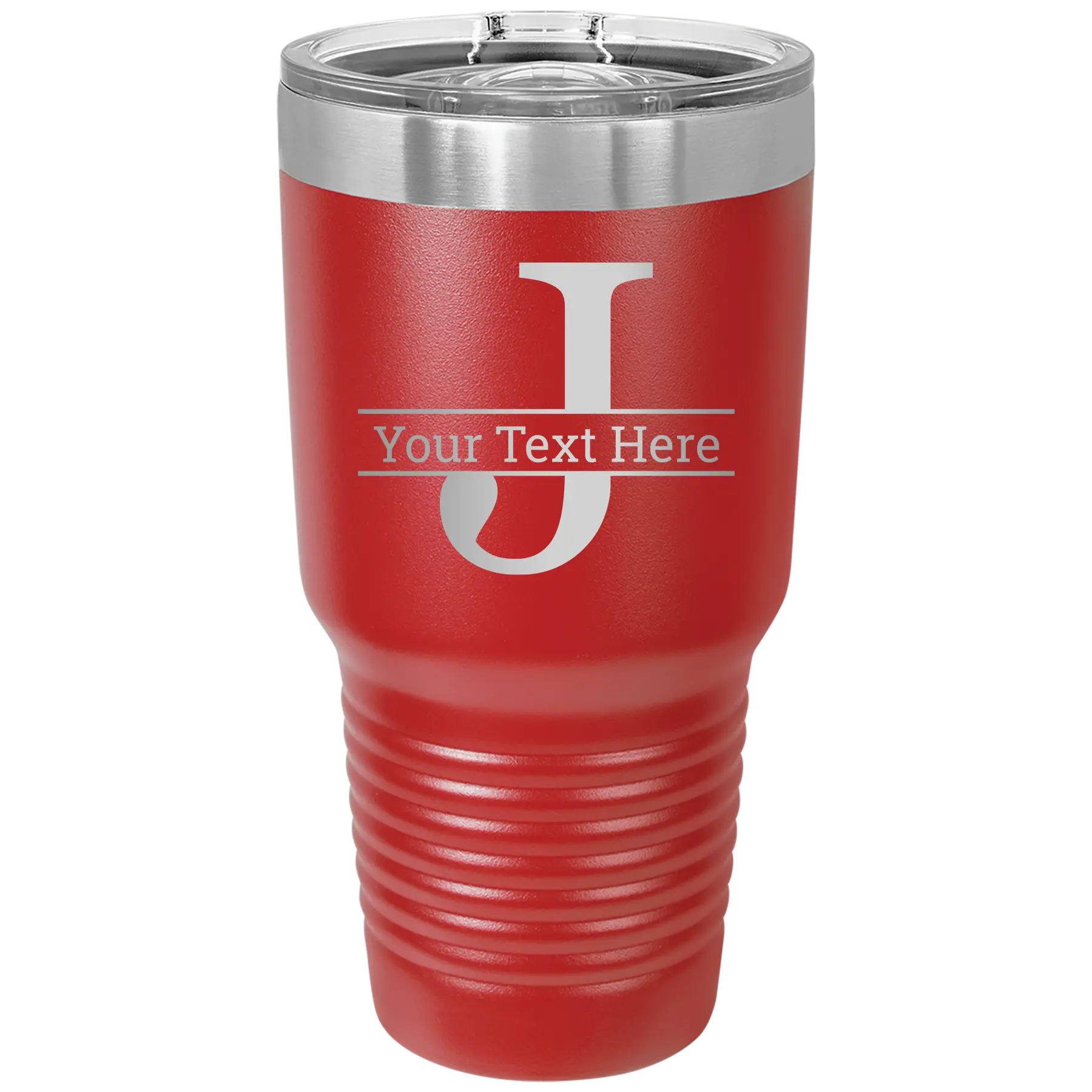 Personalized red 30 oz vacuum insulated tumbler with 'Monogram letter J' design