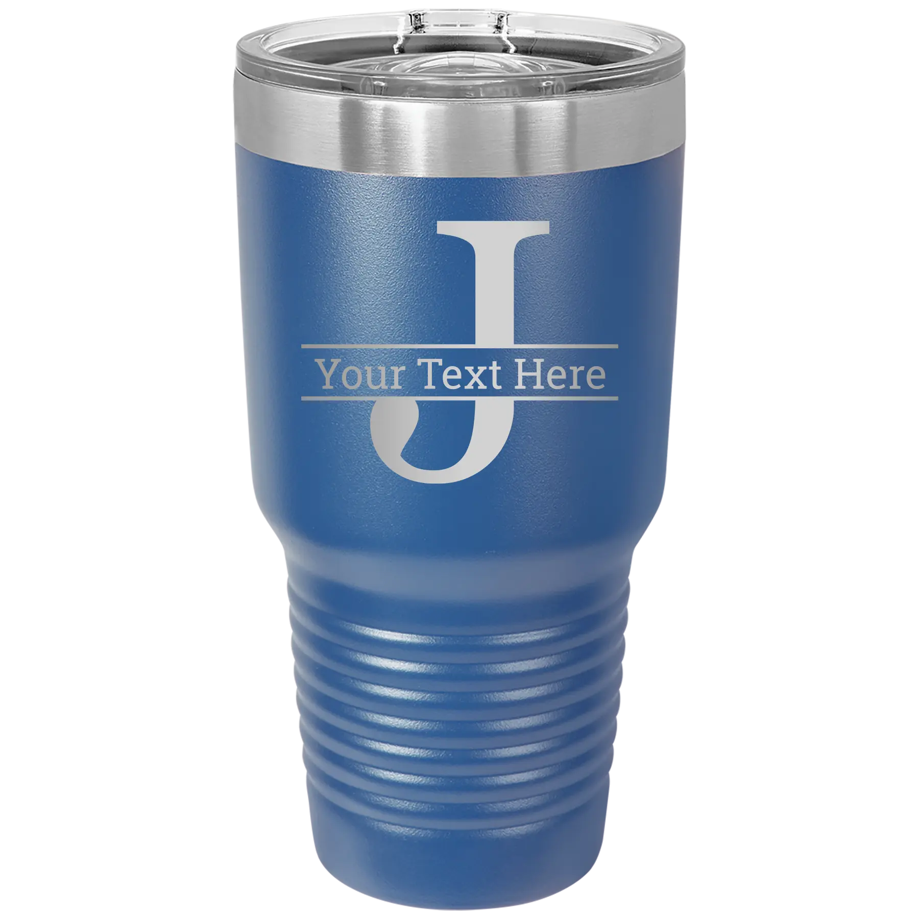 Personalized royal blue 30 oz vacuum insulated tumbler with 'Monogram letter J' design