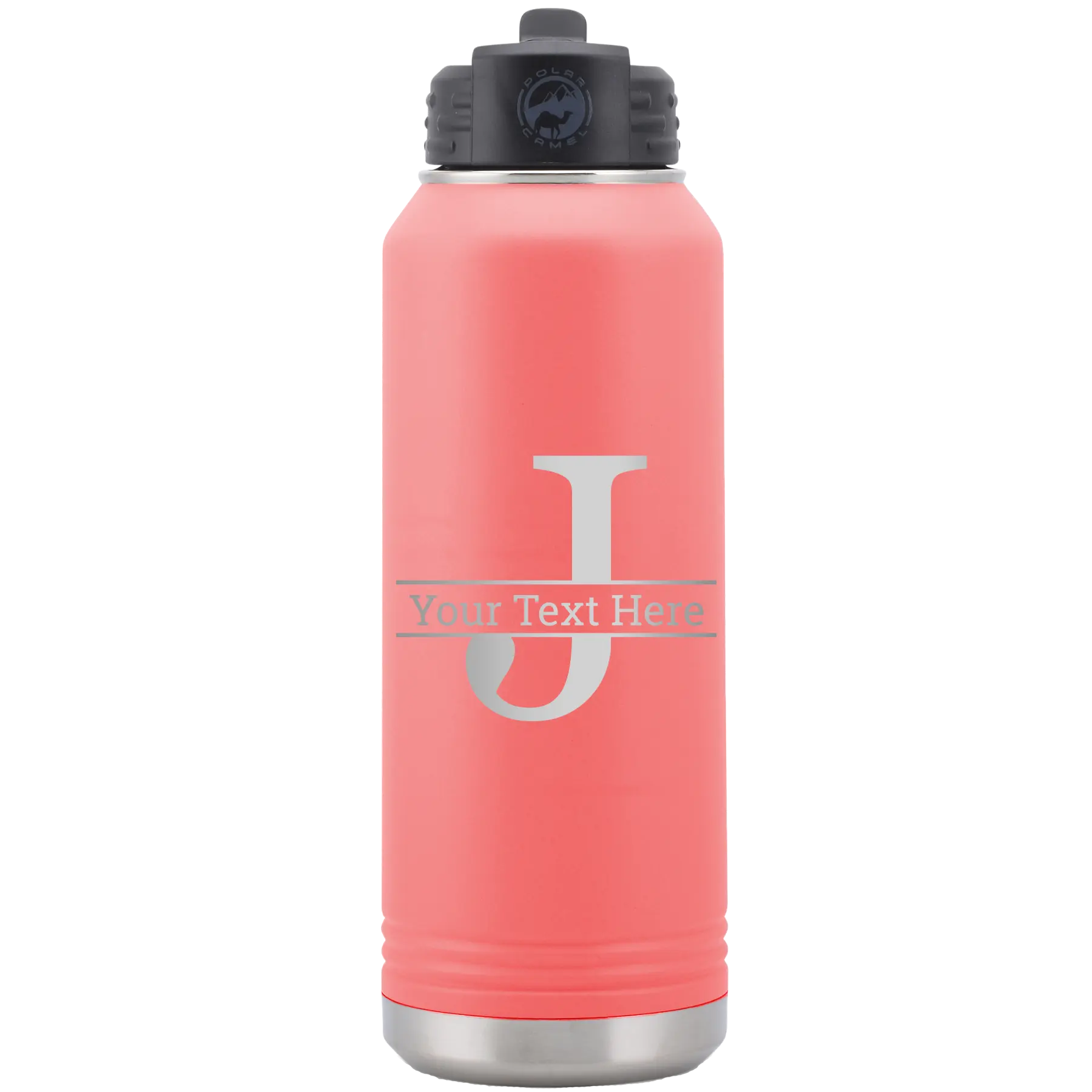 Personalized coral 32 oz vacuum insulated water bottle with 'Monogram letter J' design