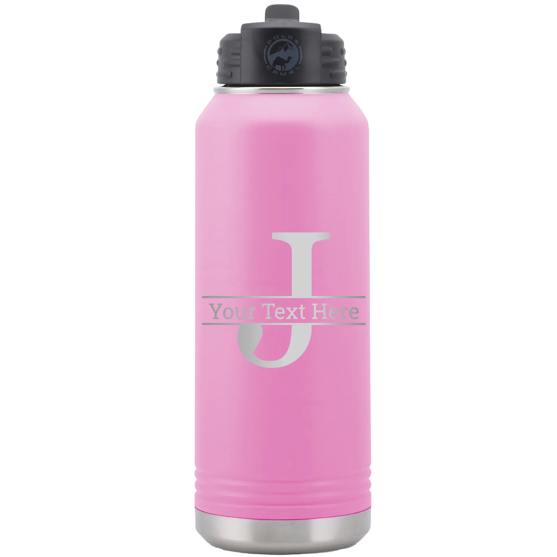 Personalized light purple 32 oz vacuum insulated water bottle with 'Monogram letter J' design