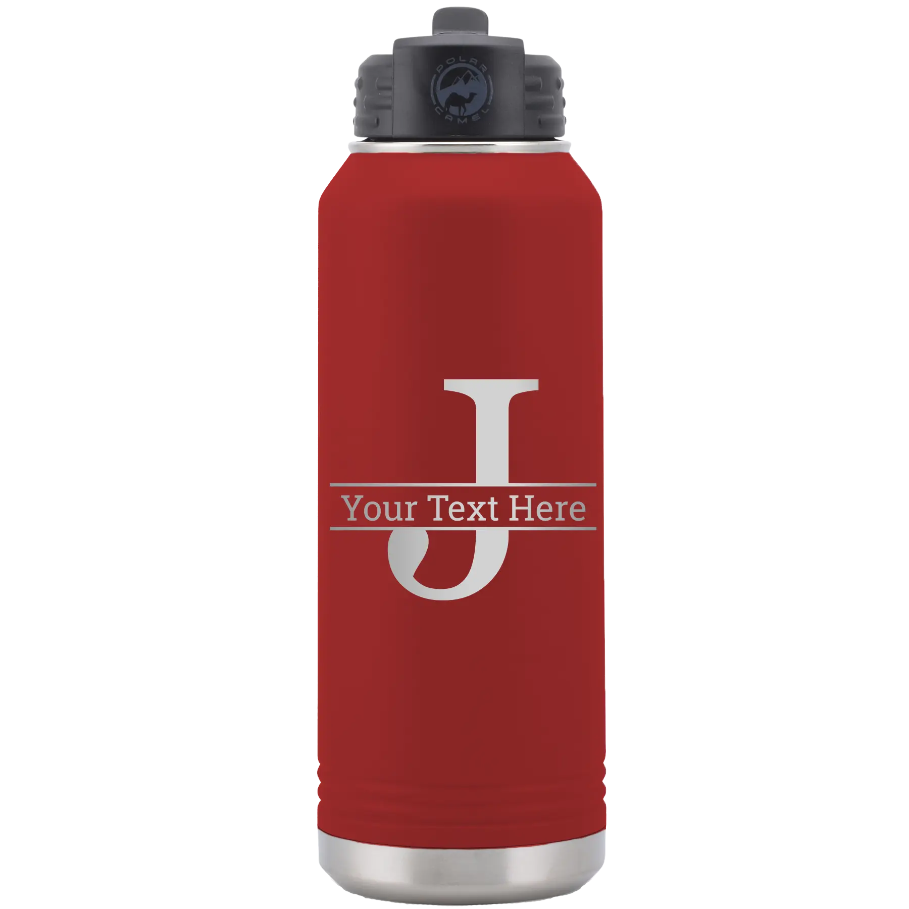 Personalized maroon 32 oz vacuum insulated water bottle with 'Monogram letter J' design