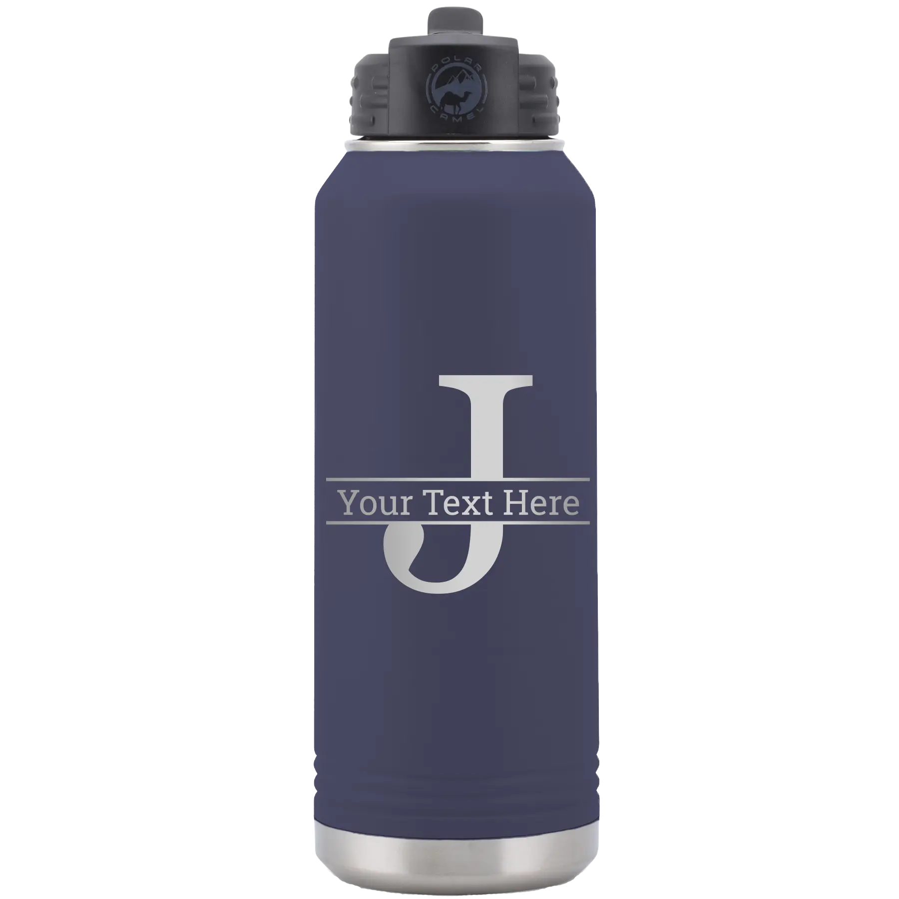 Personalized navy 32 oz vacuum insulated water bottle with 'Monogram letter J' design