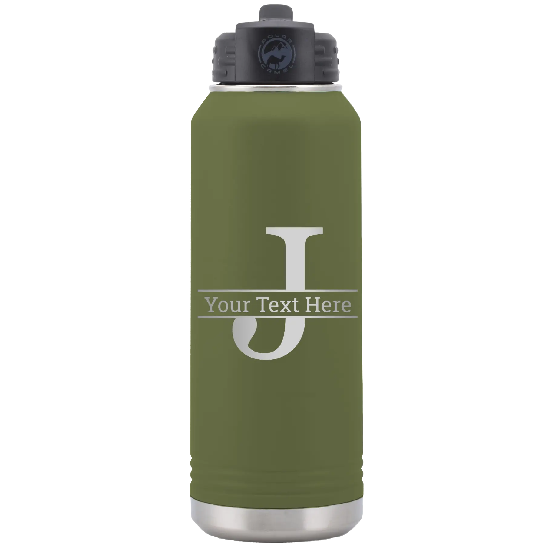 Personalized olive green 32 oz vacuum insulated water bottle with 'Monogram letter J' design