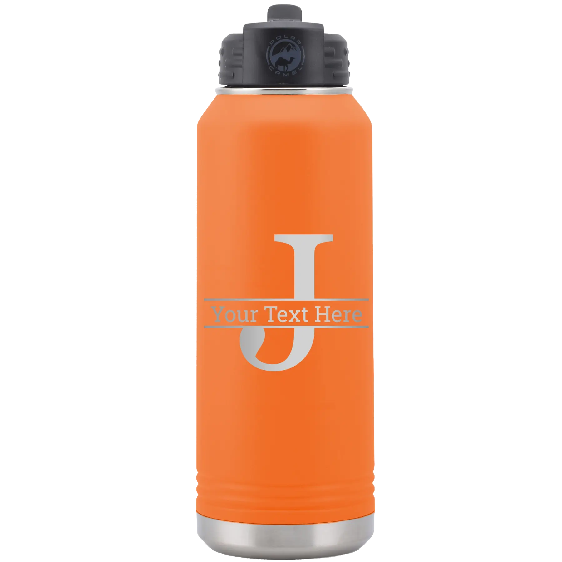 Personalized orange 32 oz vacuum insulated water bottle with 'Monogram letter J' design