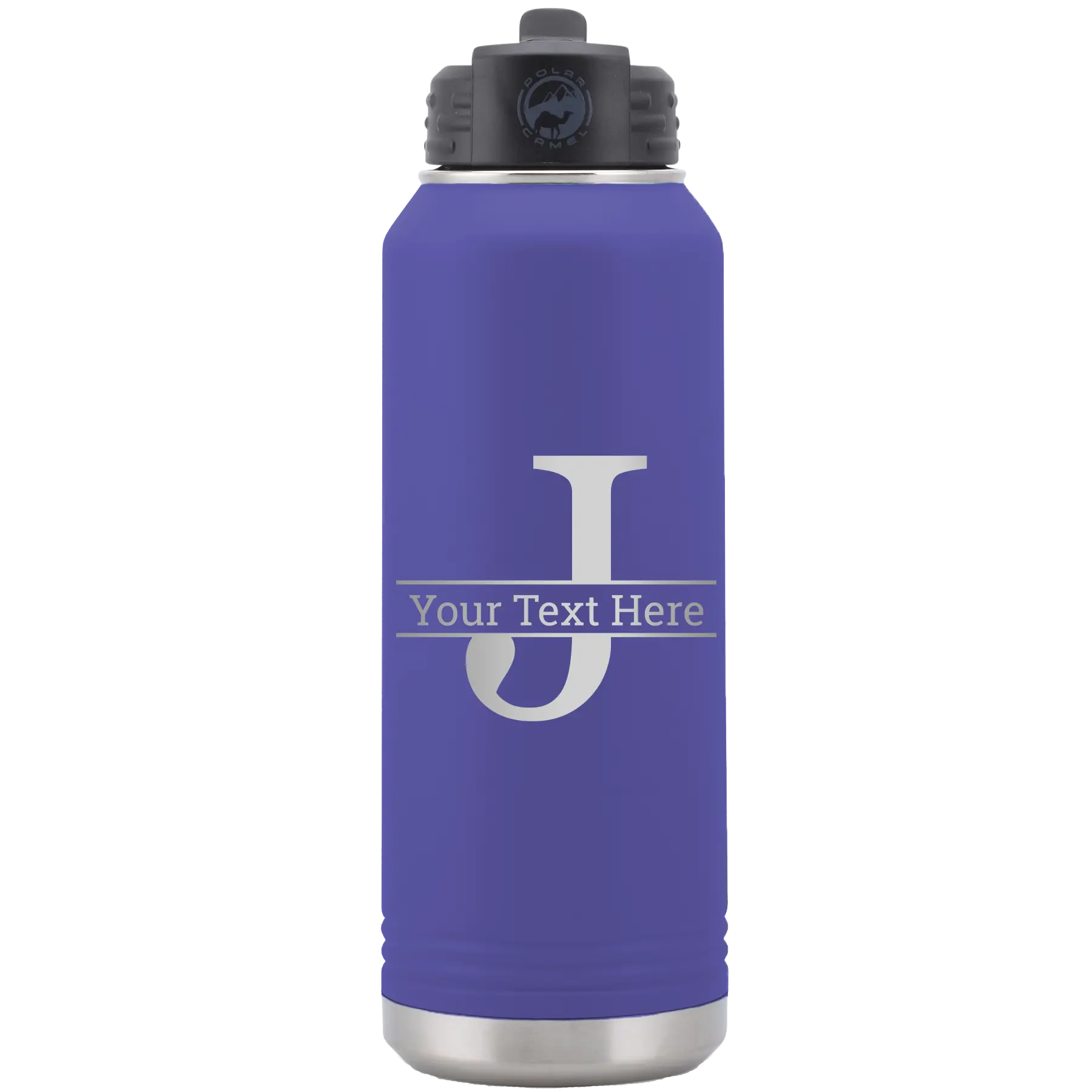 Personalized purple 32 oz vacuum insulated water bottle with 'Monogram letter J' design