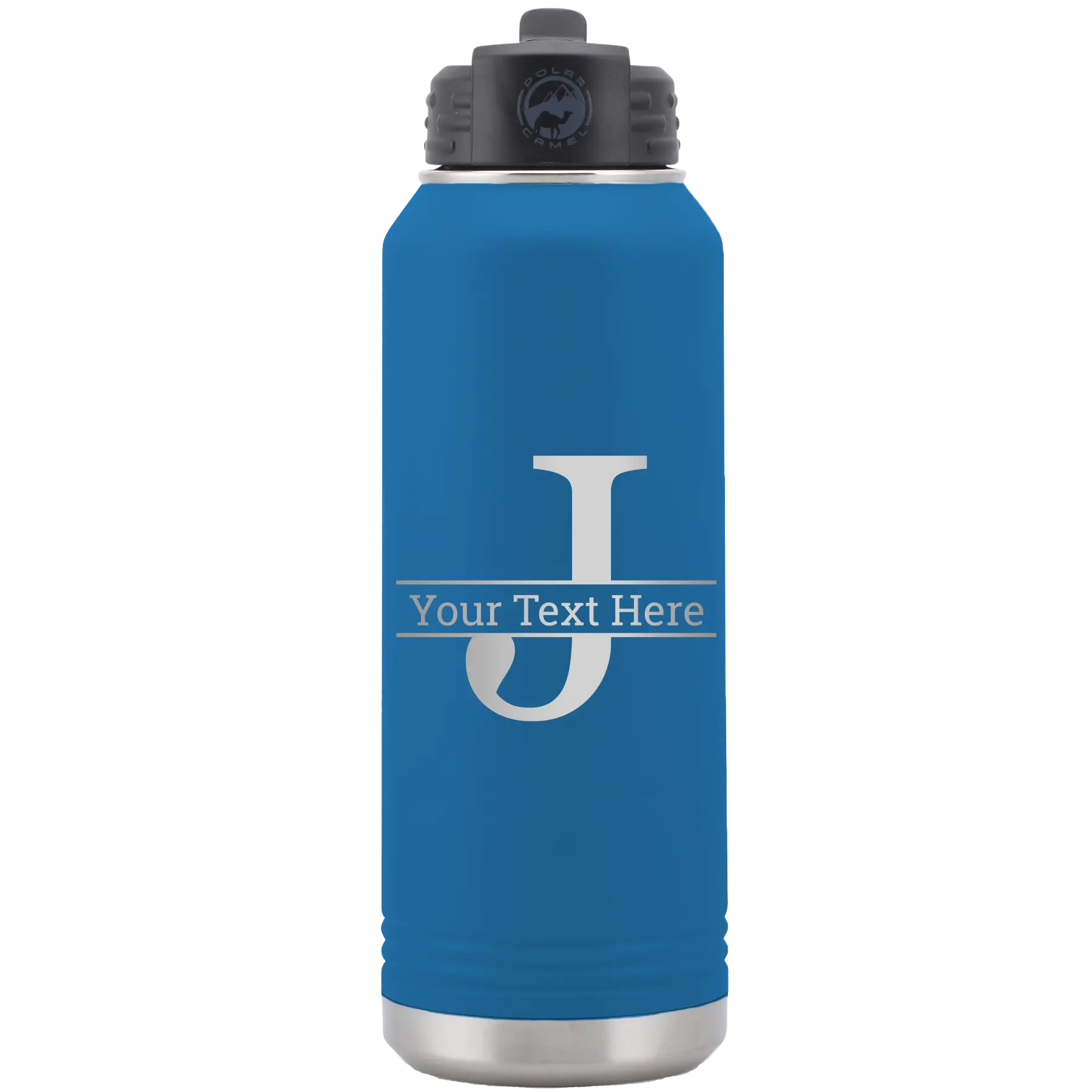 Personalized royal blue 32 oz vacuum insulated water bottle with 'Monogram letter J' design