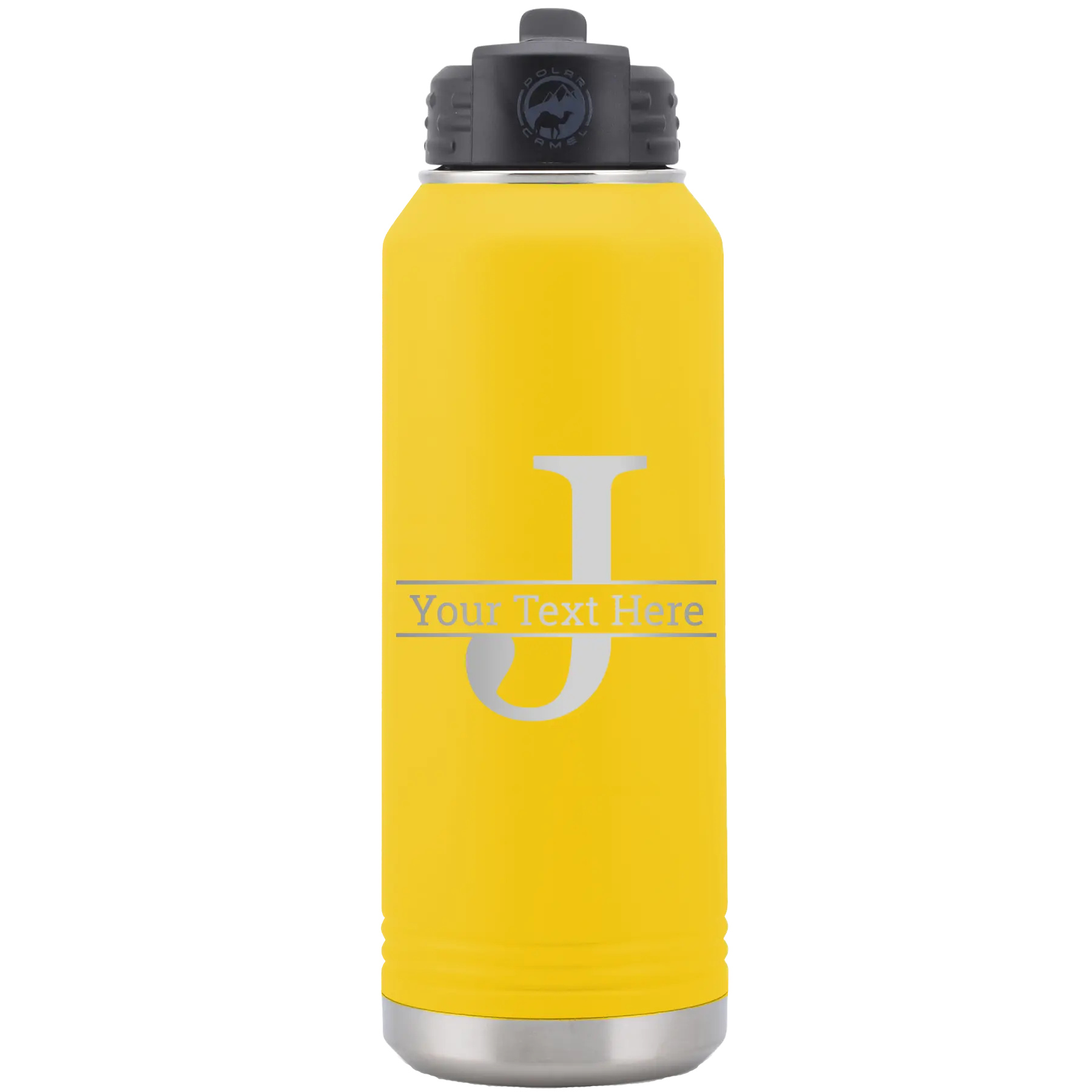 Personalized yellow 32 oz vacuum insulated water bottle with 'Monogram letter J' design