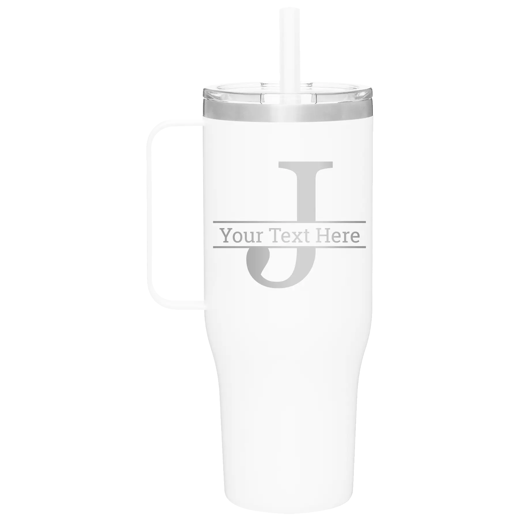 Personalized white 40 oz vacuum insulated tumbler mug with 'Monogram letter J' design
