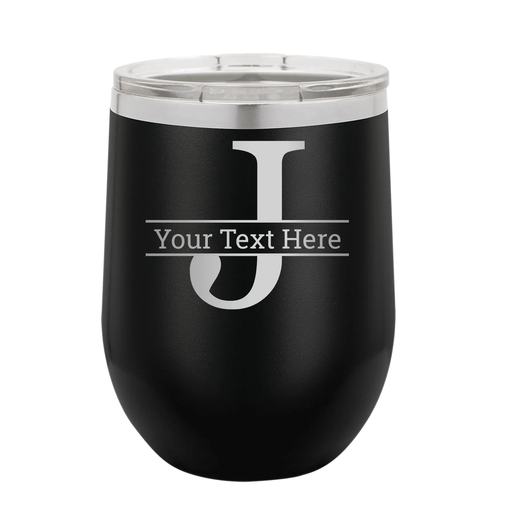 Personalized black 12 oz vacuum insulated wine cup with 'Monogram letter J' design