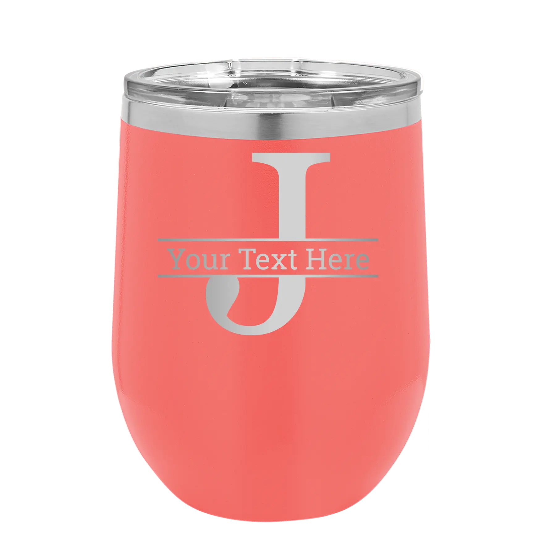 Personalized coral 12 oz vacuum insulated wine cup with 'Monogram letter J' design
