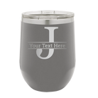 Personalized dark gray 12 oz vacuum insulated wine cup with 'Monogram letter J' design