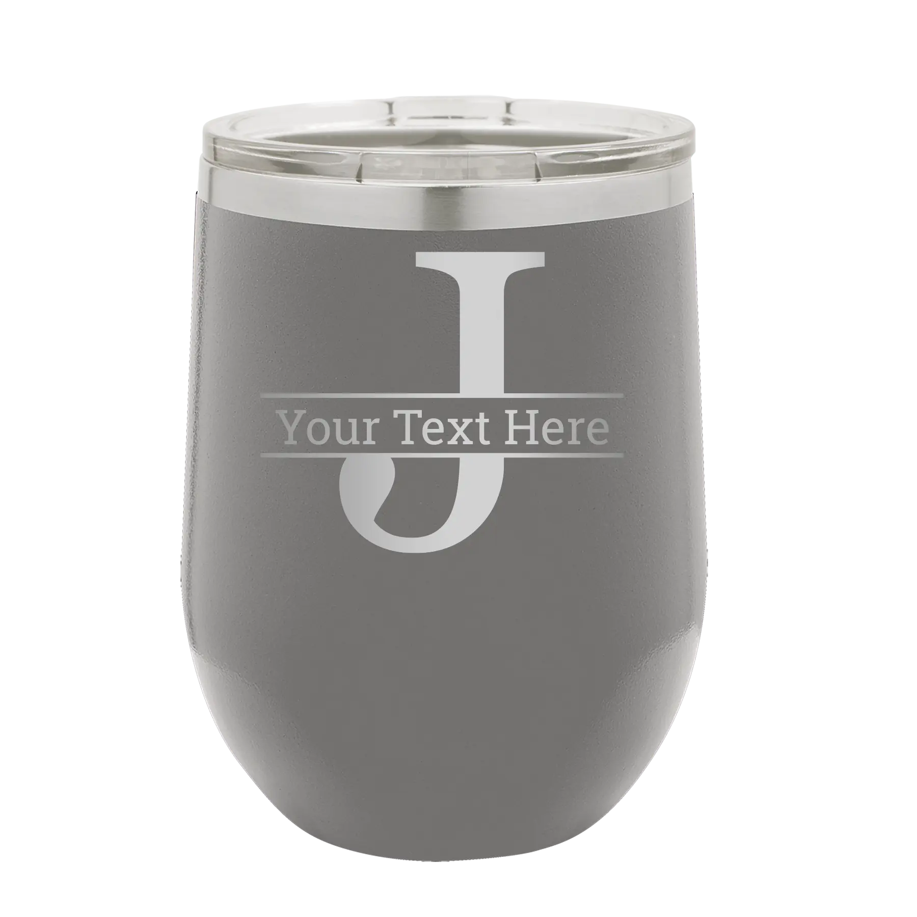 Personalized dark gray 12 oz vacuum insulated wine cup with 'Monogram letter J' design
