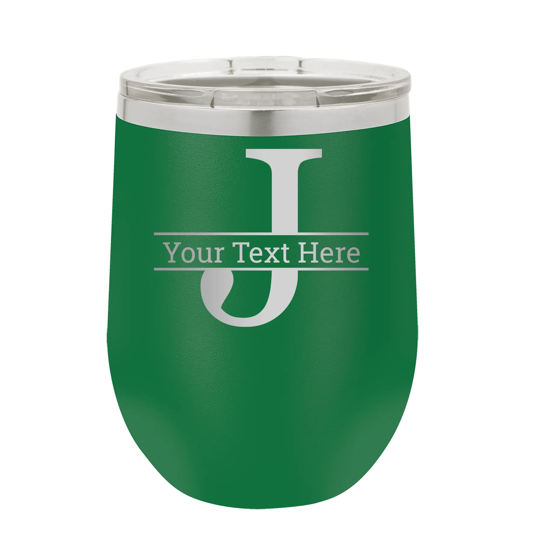 Personalized green 12 oz vacuum insulated wine cup with 'Monogram letter J' design