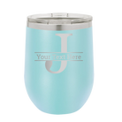 Personalized light blue 12 oz vacuum insulated wine cup with 'Monogram letter J' design
