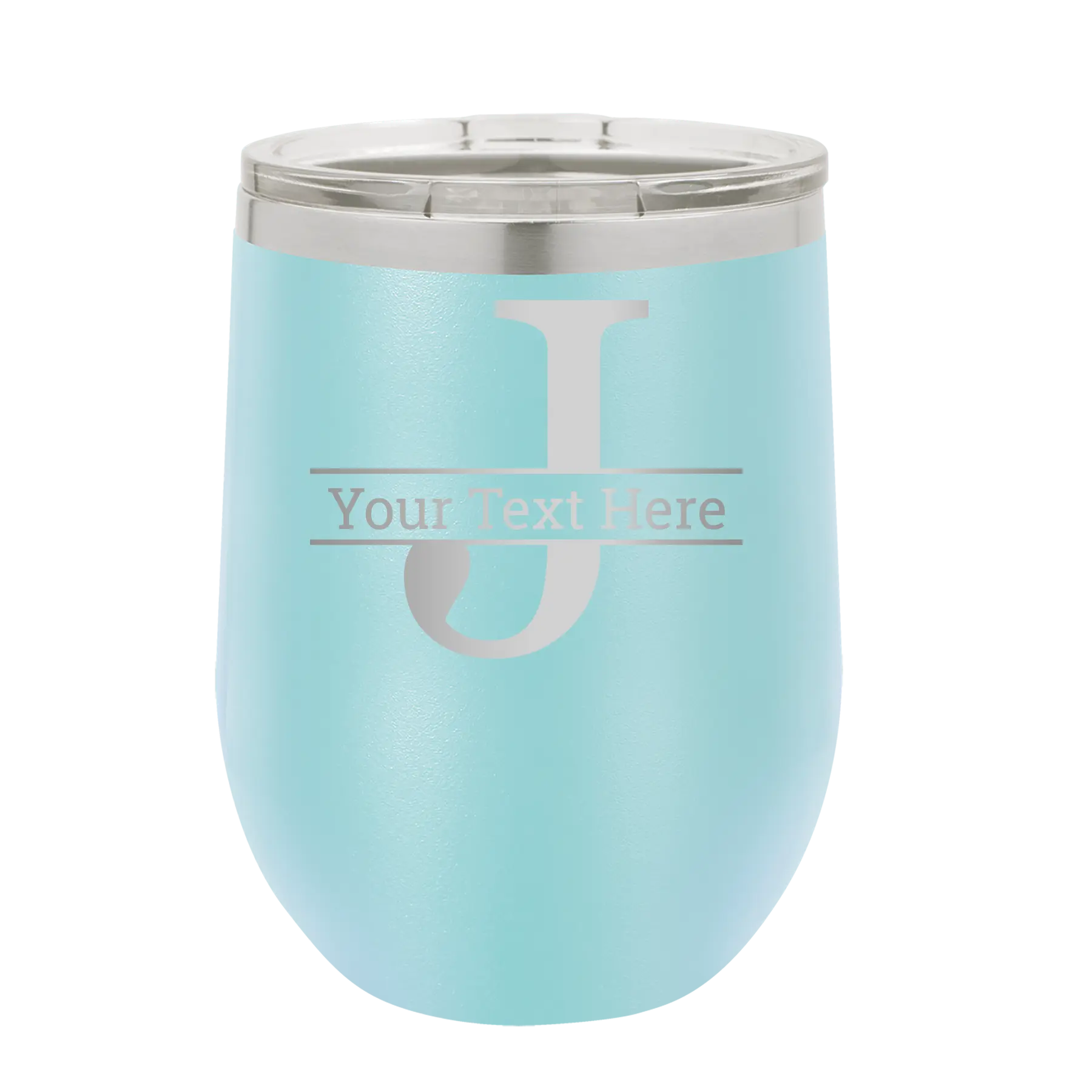 Personalized light blue 12 oz vacuum insulated wine cup with 'Monogram letter J' design