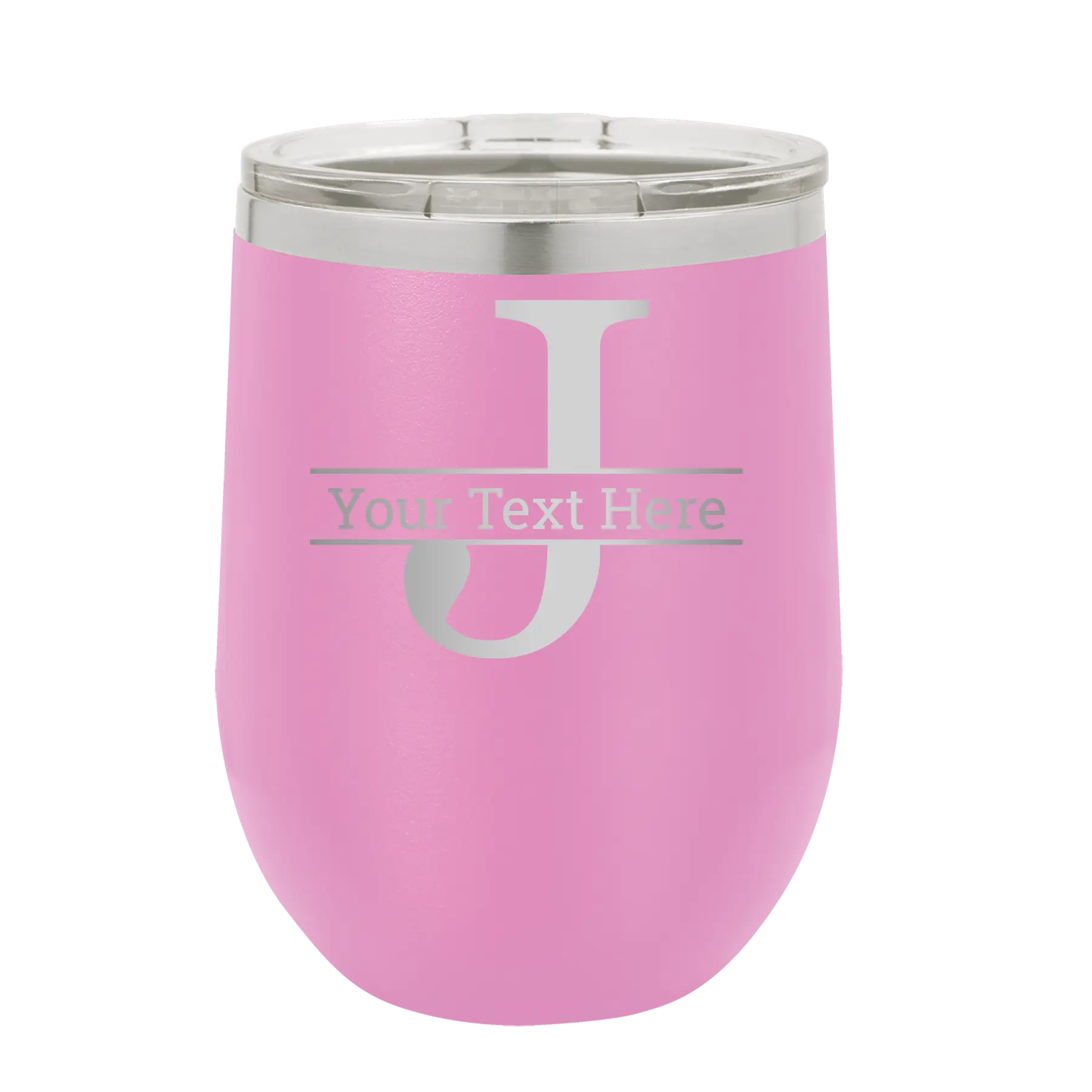 Personalized light purple 12 oz vacuum insulated wine cup with 'Monogram letter J' design