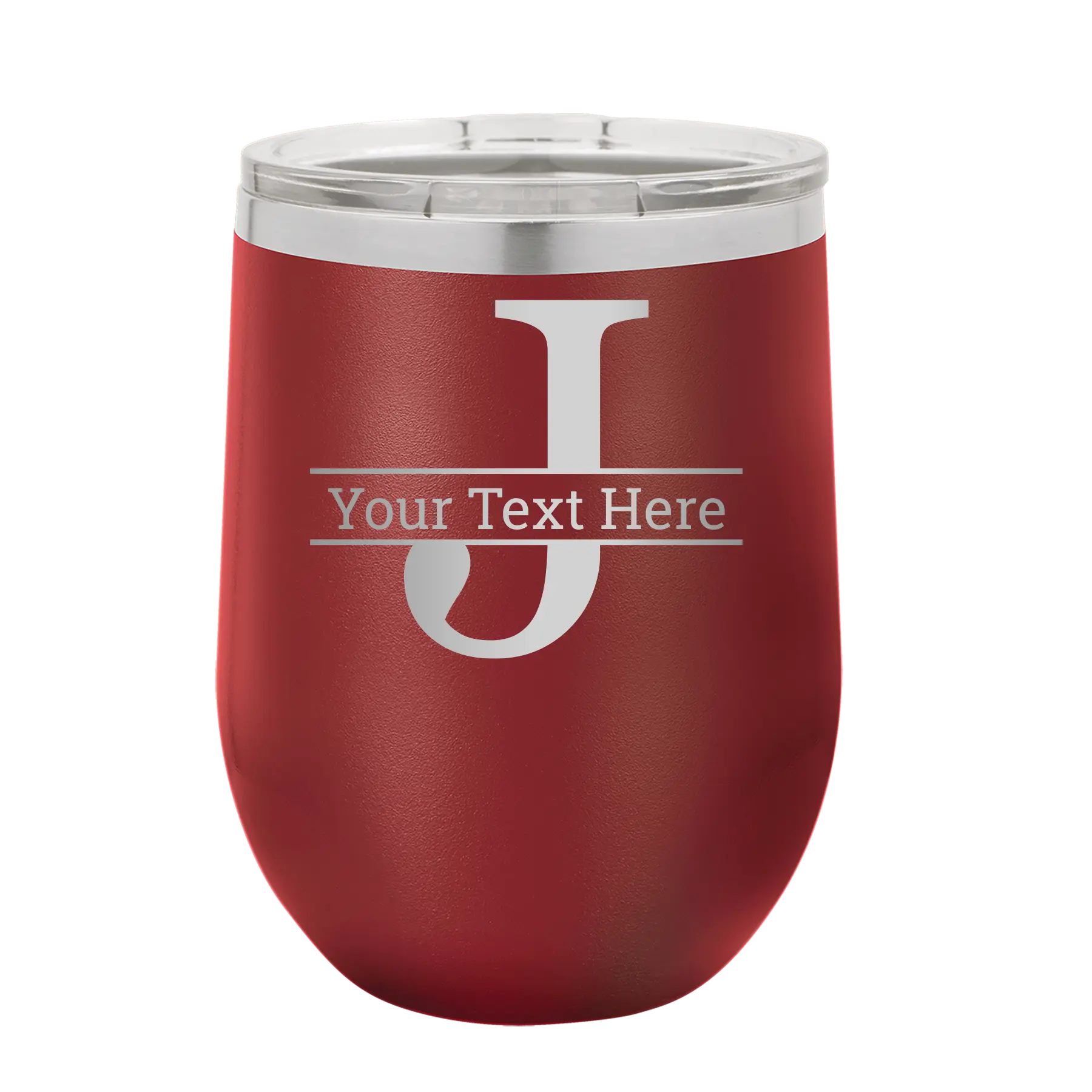 Personalized maroon 12 oz vacuum insulated wine cup with 'Monogram letter J' design