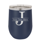 Personalized navy 12 oz vacuum insulated wine cup with 'Monogram letter J' design