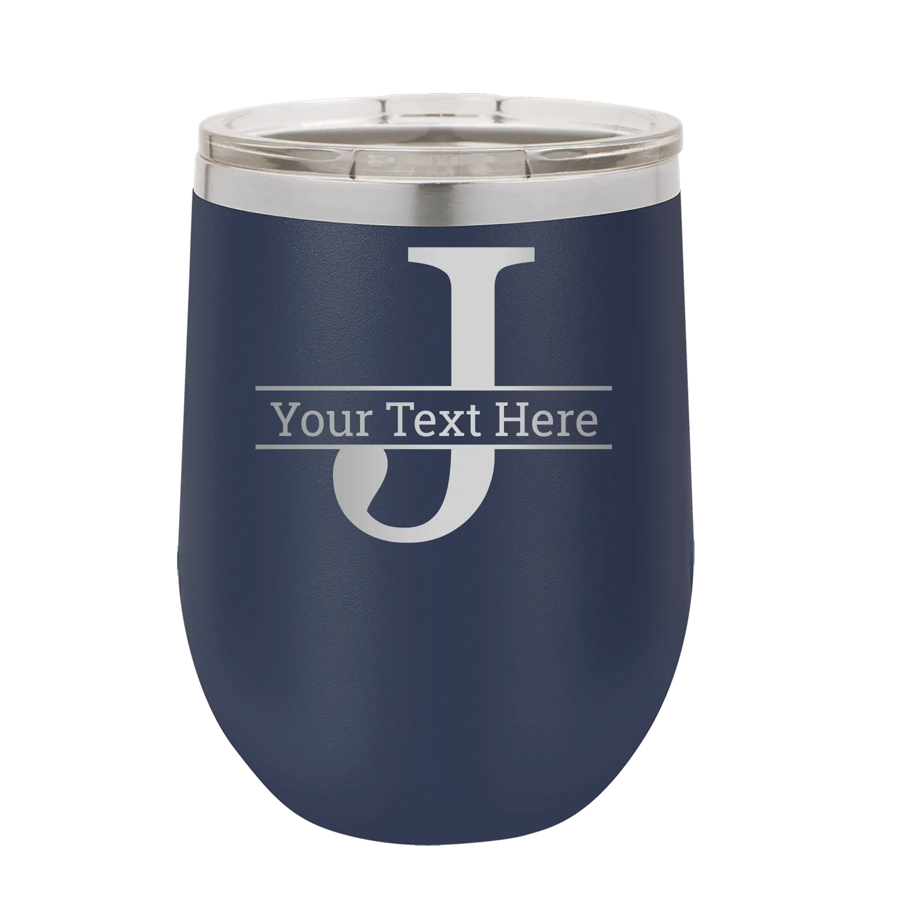 Personalized navy 12 oz vacuum insulated wine cup with 'Monogram letter J' design