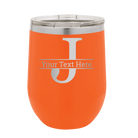 Personalized orange 12 oz vacuum insulated wine cup with 'Monogram letter J' design
