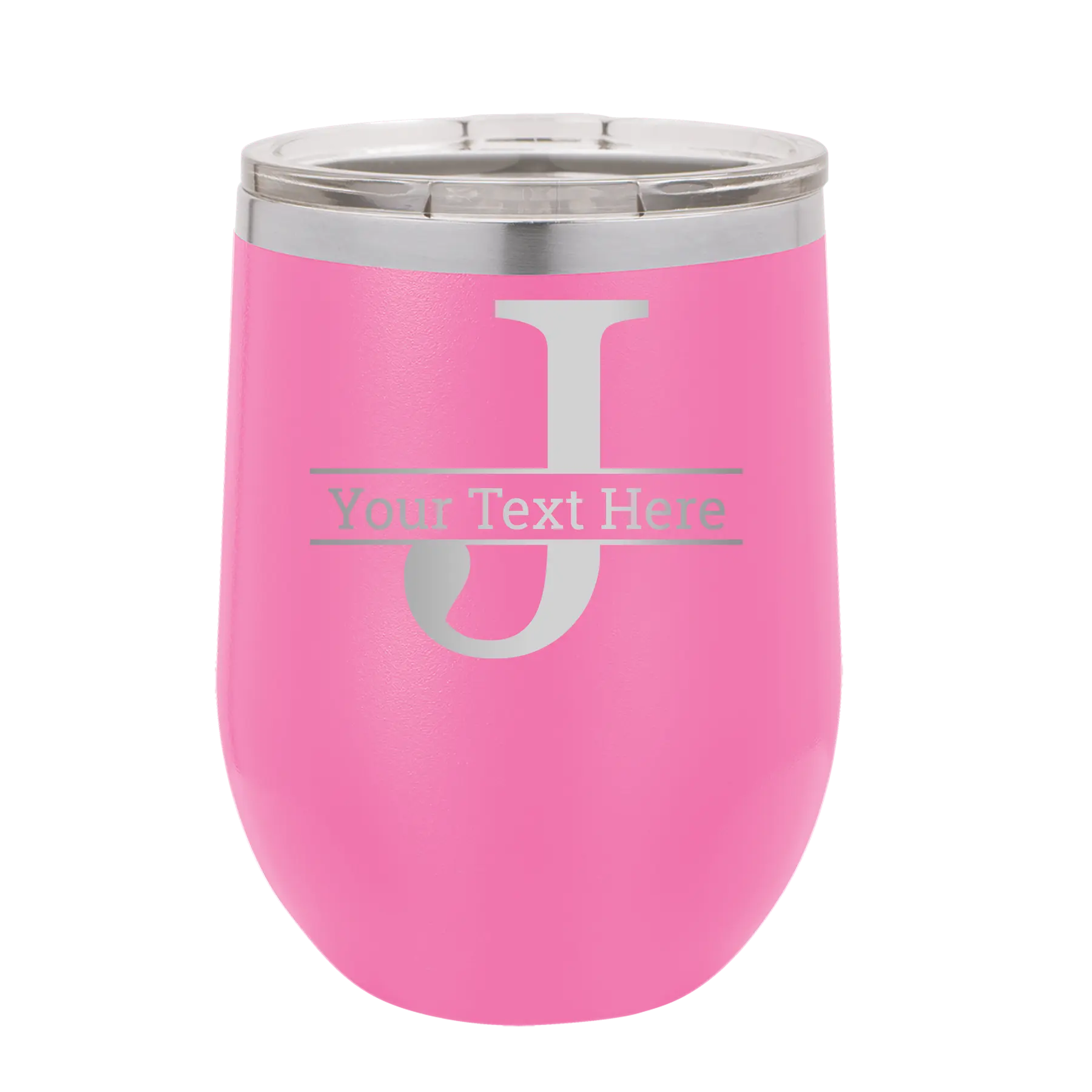 Personalized pink 12 oz vacuum insulated wine cup with 'Monogram letter J' design