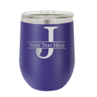Personalized purple 12 oz vacuum insulated wine cup with 'Monogram letter J' design