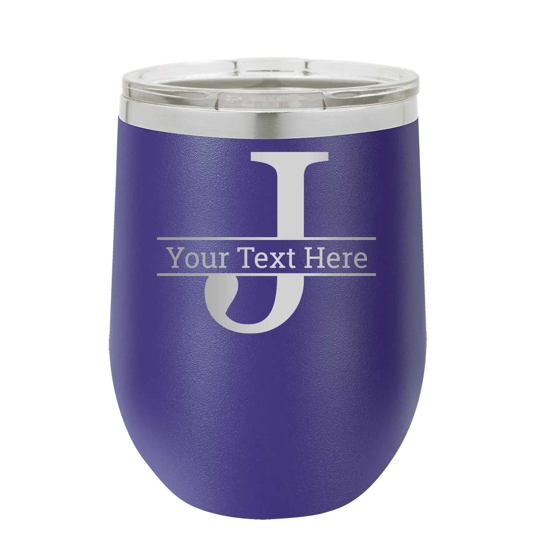 Personalized purple 12 oz vacuum insulated wine cup with 'Monogram letter J' design
