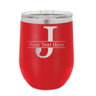 Personalized red 12 oz vacuum insulated wine cup with 'Monogram letter J' design