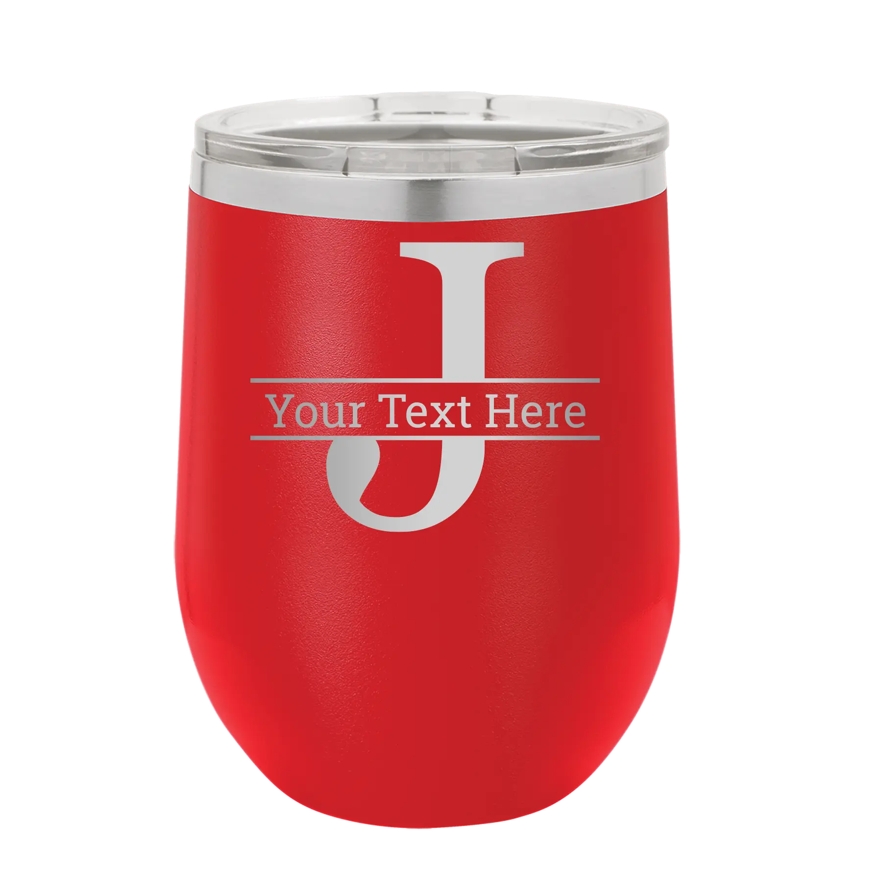 Personalized red 12 oz vacuum insulated wine cup with 'Monogram letter J' design
