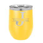 Personalized yellow 12 oz vacuum insulated wine cup with 'Monogram letter J' design