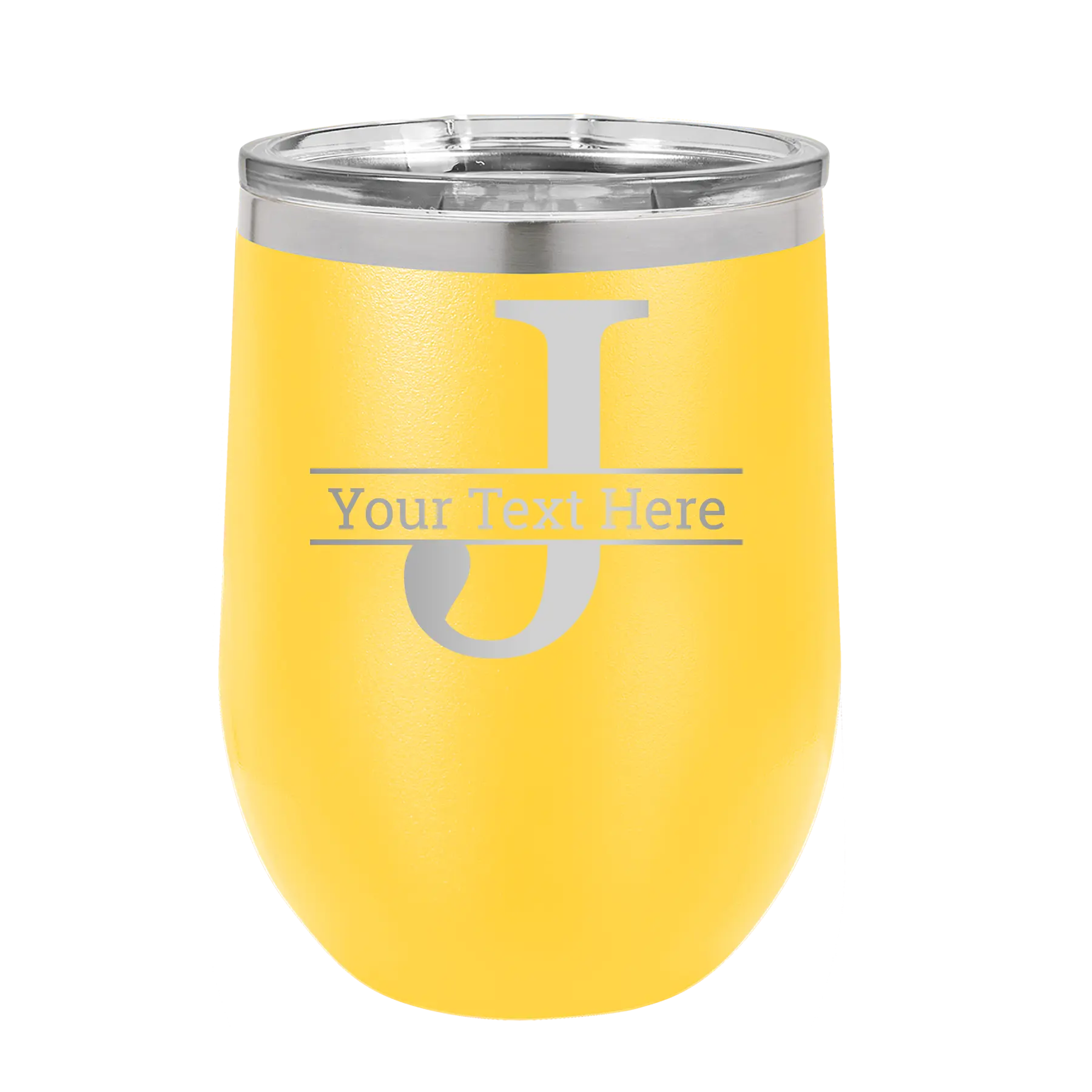 Personalized yellow 12 oz vacuum insulated wine cup with 'Monogram letter J' design