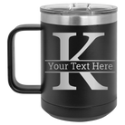 Personalized black 15 oz vacuum insulated coffee mug with 'Monogram letter K' design