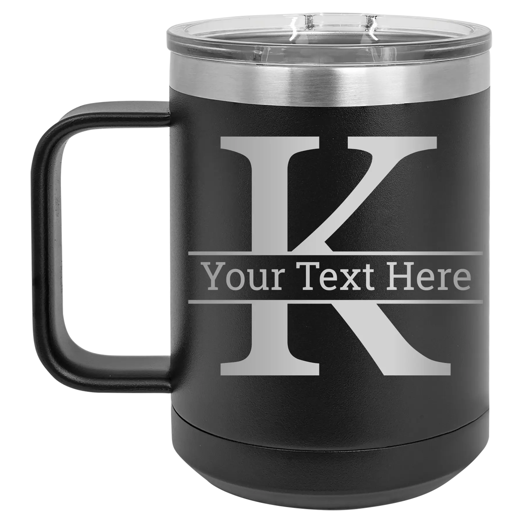 Personalized black 15 oz vacuum insulated coffee mug with 'Monogram letter K' design