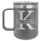 Personalized dark gray 15 oz vacuum insulated coffee mug with 'Monogram letter K' design