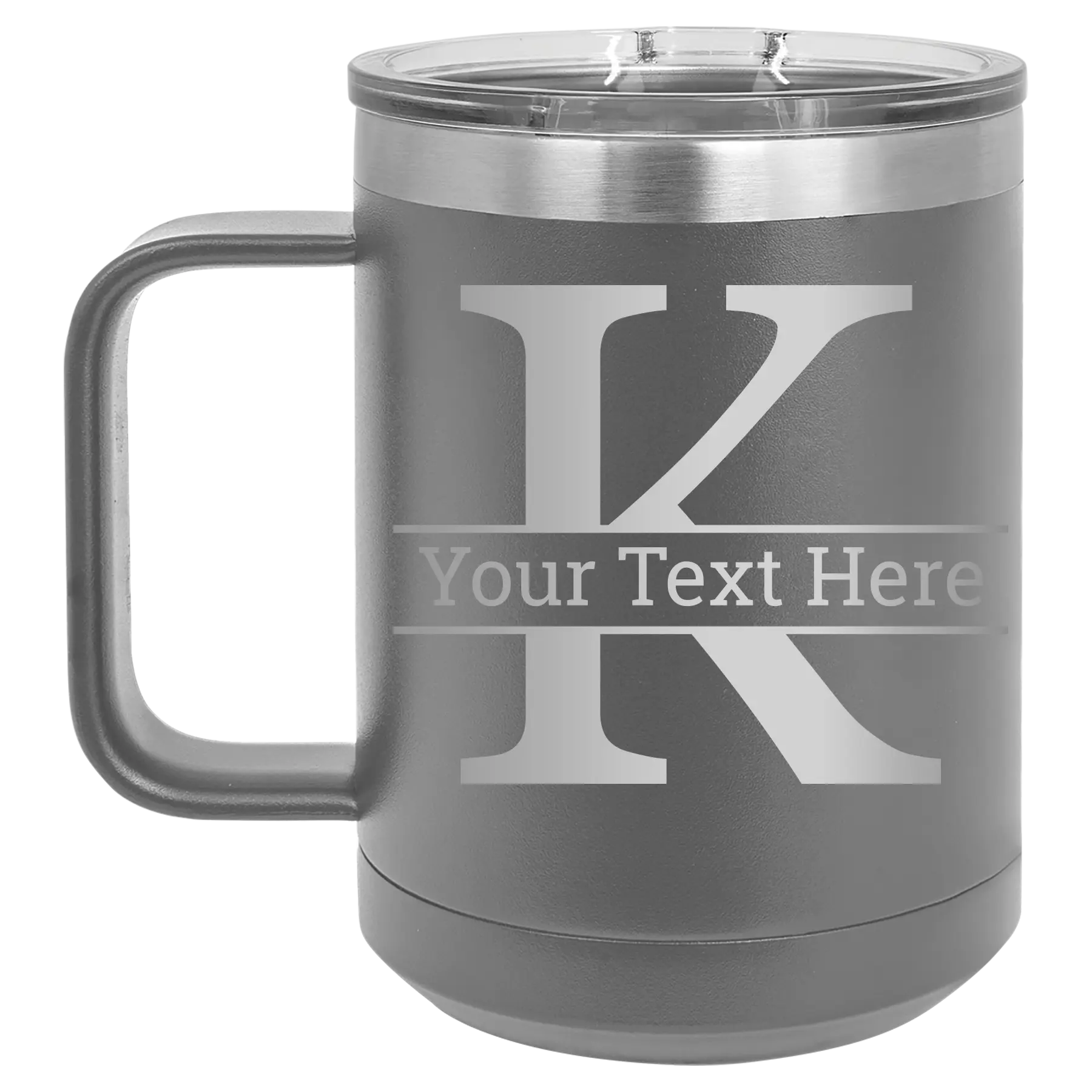 Personalized dark gray 15 oz vacuum insulated coffee mug with 'Monogram letter K' design