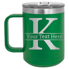 Personalized green 15 oz vacuum insulated coffee mug with 'Monogram letter K' design