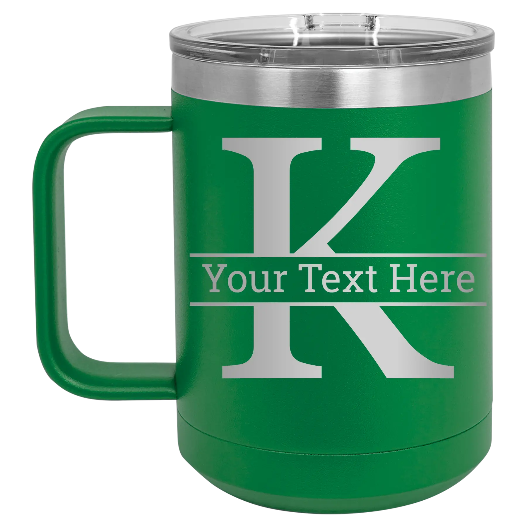 Personalized green 15 oz vacuum insulated coffee mug with 'Monogram letter K' design