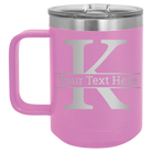 Personalized light purple 15 oz vacuum insulated coffee mug with 'Monogram letter K' design